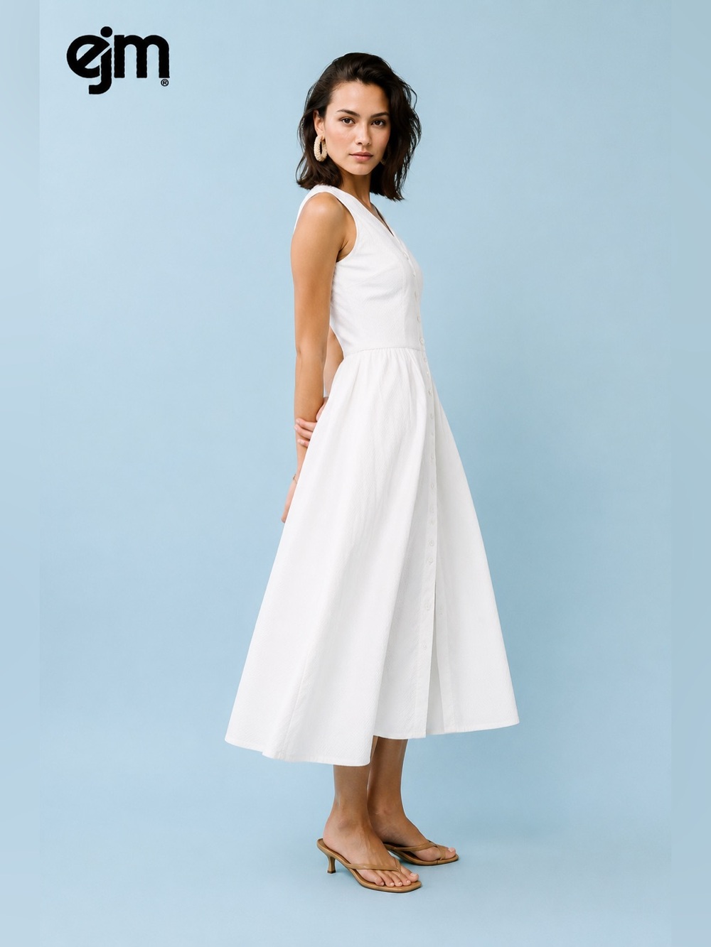 EJM Vintage White Textured Button-Front Midi Dress | Classic Fit & Flare